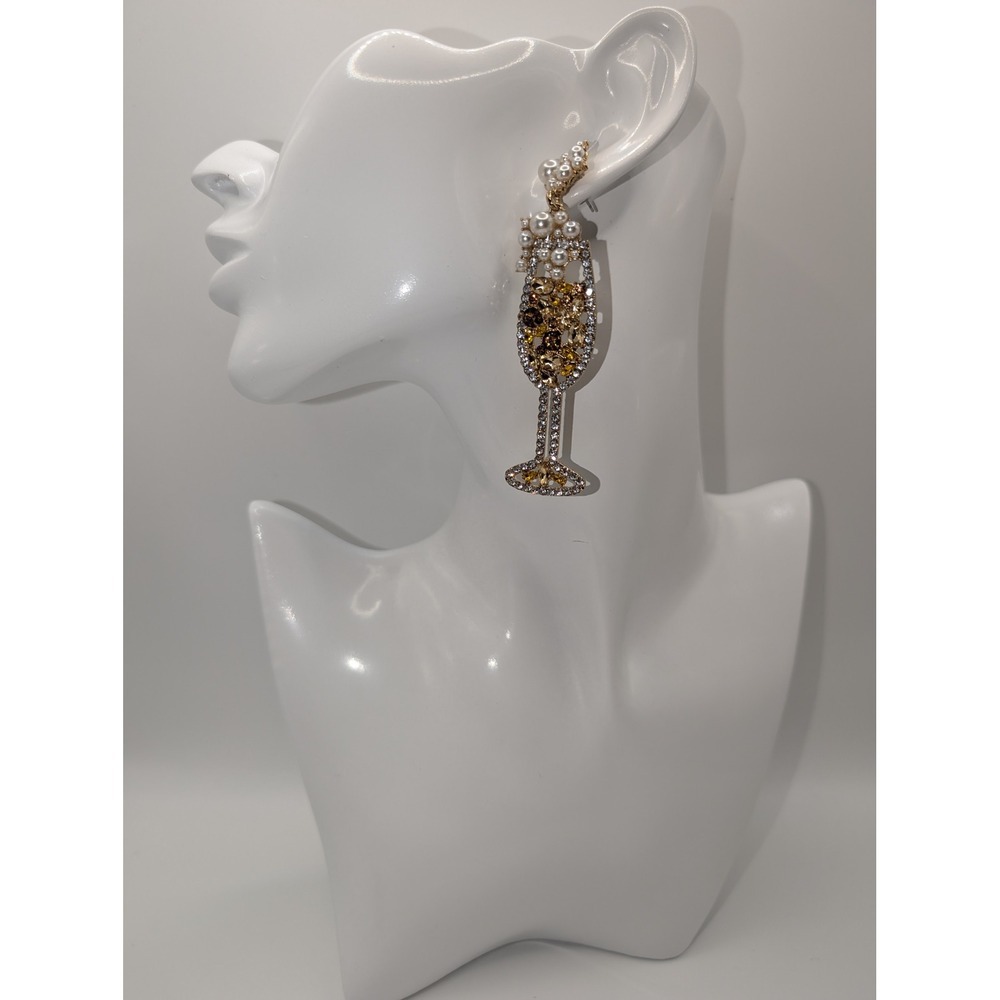White & Yellow Rhinestone Gold Tone Faux Pearl Champagne Glass Dangle Earrings